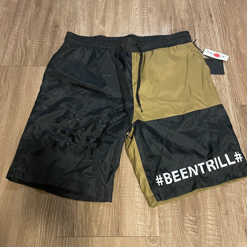 Pacsun BeenTrill Mens Shorts Large Black Olive Polyester Graphic Streetwear NWT
